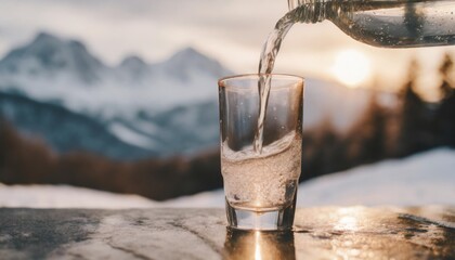 glass of pouring crystal water against blurred nature snow mountain landscape background organic pure natural water healthy refreshing drink generative ai - obrazy, fototapety, plakaty