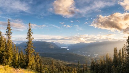 Fototapeta na wymiar view from mount revelstoke across forest with blue sky and clouds british columbia canada