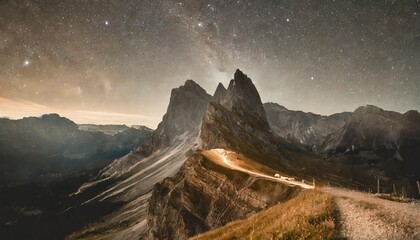 mily way over seceda in south tyrol at night dolomites - obrazy, fototapety, plakaty