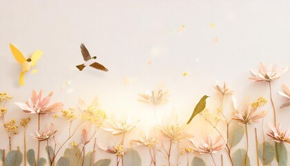 spring season nature plant and birds on white background in pastel color and paper craft style...