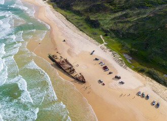 Aerial view of the S.S. Maheno Shipwreck along 75 mile beach on the sand island of K’gari,...