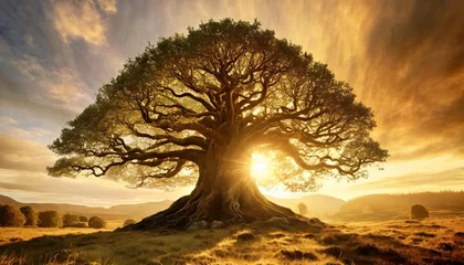 Verduisterende gordijnen Mistige ochtendstond yggdrasil tree of life fantasy giant tree viking world tree of celtic world generative ai
