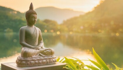 buddha statue on a lakeside natural spa background with asian spirit tranquility in green nature web banner concept with copy space