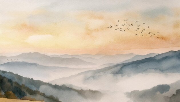 watercolor painting of misty mountains with gentle slopes and flocks of birds in the sunrise sky generative ai