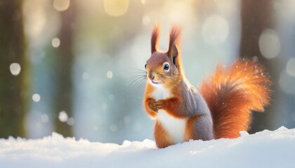 banner with cute red squirrel sciurus vulgaris sitting in a snow and looking for food on winter forest blurred background banner with beautiful animal in the nature habitat wildlife scene - obrazy, fototapety, plakaty