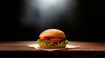 a hamburger on a broadway center stage, spotlight from top left corner  - obrazy, fototapety, plakaty