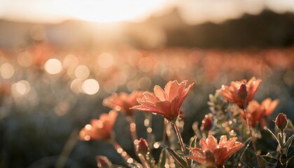 bright orange flowers glistening with morning dew highlighted by the sun s rays and soft bokeh...