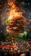Cinematic Burger: Levitating Delight in the Air!