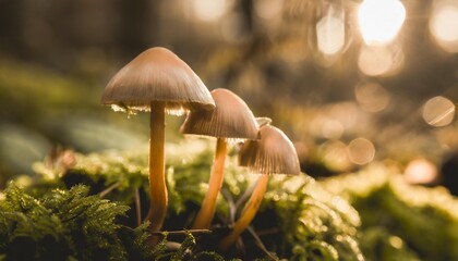 a captivating macro photograph of damp tiny mushrooms emerging from the damp forest floor with their rich earthy tones contrasting against the green moss the image showcases the intricate details an - obrazy, fototapety, plakaty