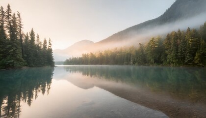 misty serene forest by an emerald lake in canada