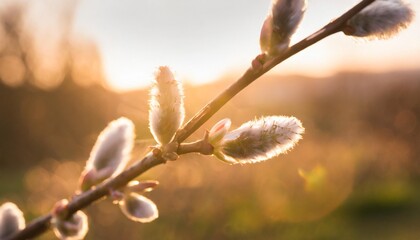 close up of pussy willow buds on plant stem - obrazy, fototapety, plakaty