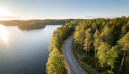 bird s eye view of a curvy road next to water aerial drone photography taken from above in sweden in summer surroundings with trees and a lake copy space and place for text travel concept - Powered by Adobe