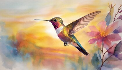 hummingbird drawn with multicolored watercolor