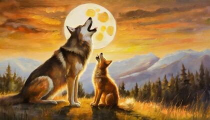 a beautiful oil painting depicting a wolf and a puppy howling at the moon capturing the essence of nature and companionship - obrazy, fototapety, plakaty