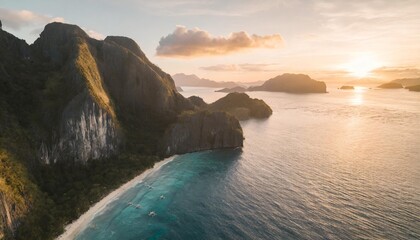 aerial of cliff landscape and turquoise crystal clear water in el nido palawan philippines beautiful vacation travel destination - obrazy, fototapety, plakaty