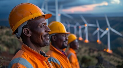 Smiling male engineers in orange high-visibility jackets and safety helmets overlooking a wind farm at dusk.