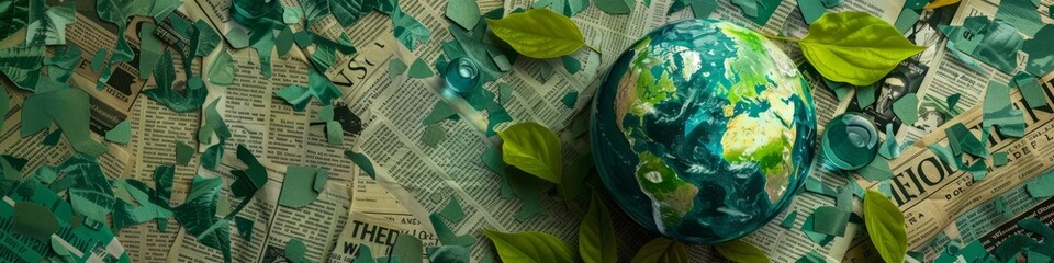A detailed globe with green leaves and magnifying glass amidst old newspaper scraps. Banner. Earth Day concept. - obrazy, fototapety, plakaty