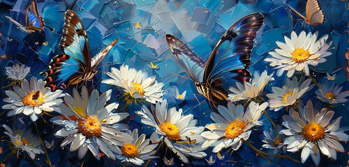 An enchanting scene of Morpho butterflies alighting on daisy flowers depicted in vivid oil paint,...