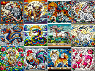 Obraz premium Celestial Harmony: Stained Glass Chinese Zodiacs Shine in Individual Square Tiles (rat, ox, tiger, rabbit, dragon, snake, horse, goat, monkey, rooster, dog, pig)