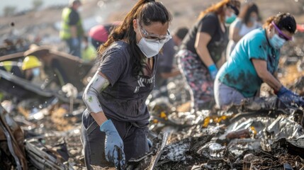People wearing masks and gloves sift through debris searching for any salvageable items a the wreckage. - obrazy, fototapety, plakaty