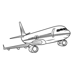 Sleek airplane outline icon in vector format for travel designs.
