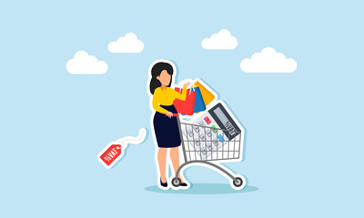 VAT Consumer pays tax on value added to products services, concept of Woman shopping with VAT price tags, calculating total on cart - obrazy, fototapety, plakaty