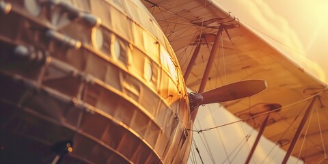 Historic airship close-up with propellers in motion, vintage effect, early morning light, adventurous spirit  - obrazy, fototapety, plakaty