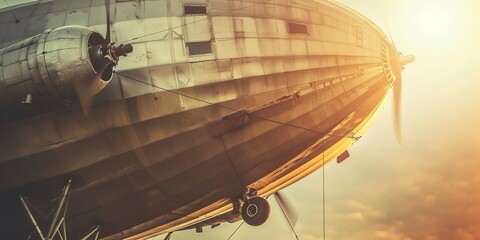 Historic airship close-up with propellers in motion, vintage effect, early morning light, adventurous spirit - obrazy, fototapety, plakaty