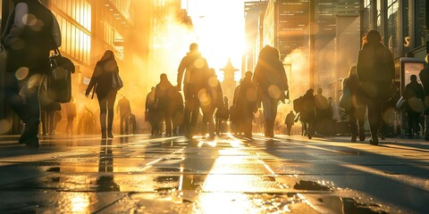 Early morning rush in a bustling city square, golden hour light, low angle view, candid street photo style 