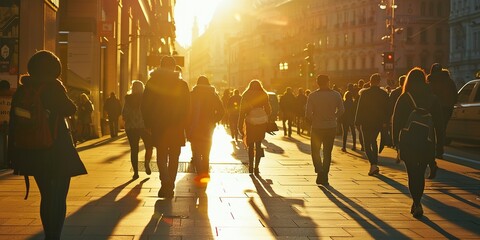 Early morning rush in a bustling city square, golden hour light, low angle view, candid street photo style  - obrazy, fototapety, plakaty