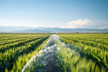 Fototapeta na wymiar Sprawling farmland with a vibrant green crop field, an irrigation system glistening under the vast sky.