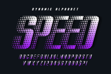 Racing alphabet design, dynamic typeface, letters and numbers. Swatch color control.