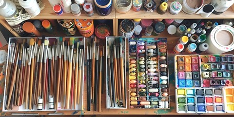 Fototapeta premium Creative and Art Supply Organization: Organized art supplies, creative workspaces, and studios.