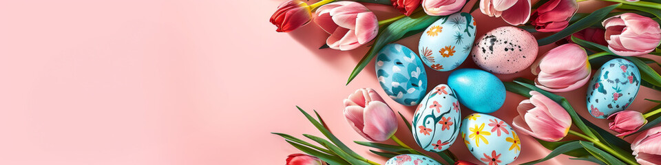 Bunch of pink tulips filled with painted eggs for Easter celebration. Banner. Copy space. Background. - obrazy, fototapety, plakaty