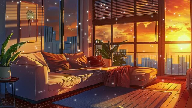 Luxury living room, animated virtual backgrounds, stream overlay loop, sofa cozy interior golden hour sundown, vtuber asset twitch zoom OBS screen, anime chill atmospheric. Lofi