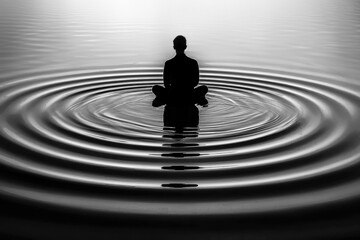 Grayscale silhouette individual in a meditation pose at the center of a series of ripples, reflection zen calm