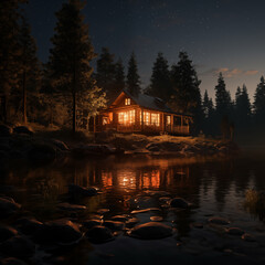 Fototapeta premium Hunt Camp night scene with campfire light ~ Created using generative AI