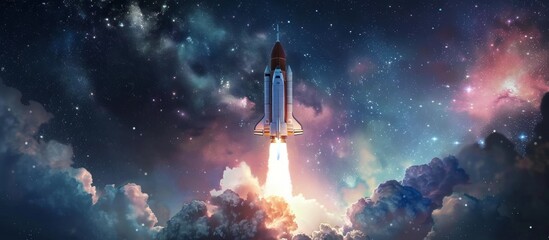 A space shuttle launching in the sky amidst clouds and stars - obrazy, fototapety, plakaty