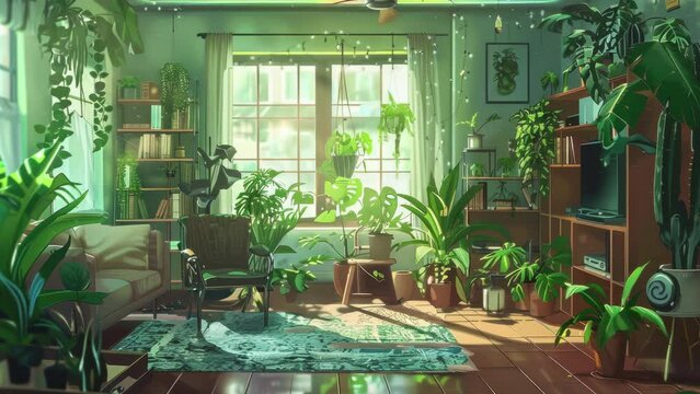 Lofi living room with full of plants , anime style. Lofi