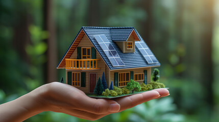 Hand holding an energy efficient model house with solar panels, ecology and sustainability concept.