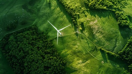 Majestic aerial view of rolling green hills with wind turbines during a misty sunrise. - obrazy, fototapety, plakaty