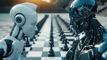 The critical moment of a chess game, with a human pondering a move against a robot, whose eyes glow with calculations. ::2 suspense ::3 --chaos 20 --ar 16:9 --seed 0 --quality 0.5 --stylize 300 Job ID