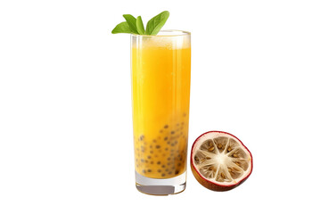 Tall Glass of Passion Fruit Juice with a Passion Fruit Realistic Portrait Isolated On PNG OR Transparent Background.