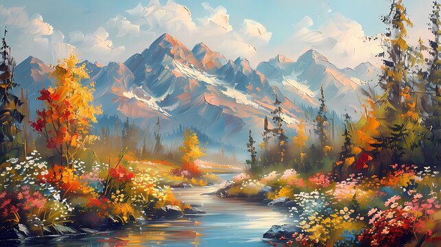Landscape painting of Mountain lake and trees during autumn  for home decor, wall art, digital art print, wallpaper, background