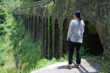 Rear view: A woman looking at the pillars of an old bridge