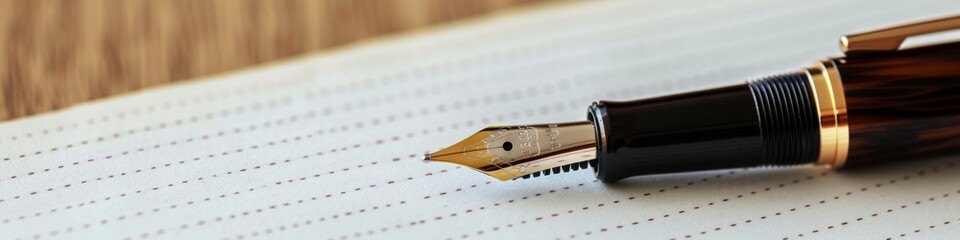 Close-up view of an elegant fountain pen resting on a blank piece of paper. Banner. Copy space....