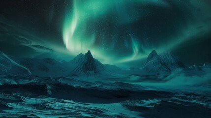 A spectacular display of aurora lights dances across a vibrant green and blue sky. Background. - obrazy, fototapety, plakaty