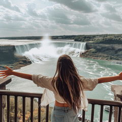 From behind, you can see the traveler girl arms spread wide as she take in the incredible view of the Niagra Falls.