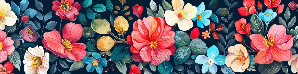 A painting featuring vibrant flowers on a dark black background, creating a striking contrast. Banner. Copy space. Background. Flat lay illustration.