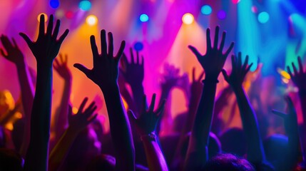 Euphoric Atmosphere People with Raised Hands in Nightclub